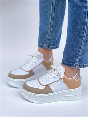 Alena Model Kalın Tabanlı Spor Ayakkabı Beyaz-Bej